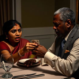 A tense scene at a dining table, featuring a scared Indian woman with a dusky complexion, her expression filled with fear as she hands over cash to an older African male