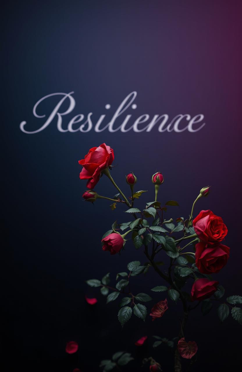 An elegant silver script reading 'RESILIENCE' on a background that transitions from dark blue to violet