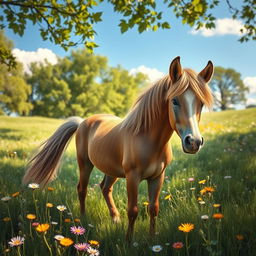 A beautiful pony standing gracefully in a lush green meadow filled with wildflowers