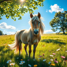 A beautiful pony standing gracefully in a lush green meadow filled with wildflowers