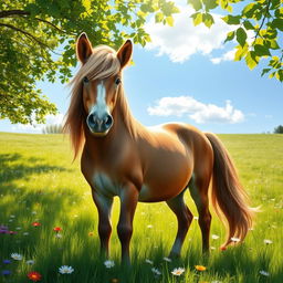A beautiful pony standing gracefully in a lush green meadow filled with wildflowers