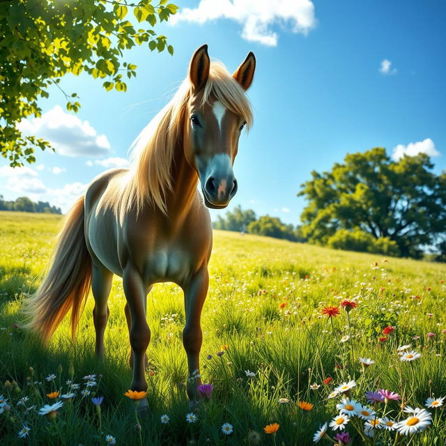 A beautiful pony standing gracefully in a lush green meadow filled with wildflowers