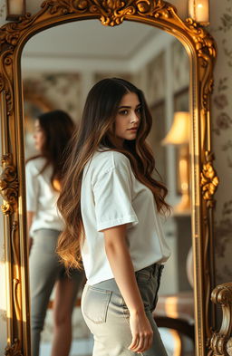 A young woman standing in front of a large, ornate mirror in a softly lit room