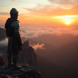 A weary knight stands on a rocky cliff at dawn, gazing toward the horizon where the first light of day breaks, casting a warm golden hue over the landscape