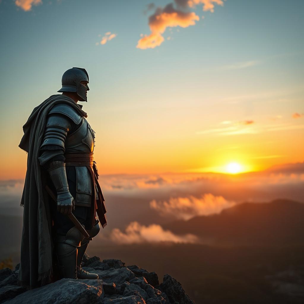 A weary knight stands on a rocky cliff at dawn, gazing toward the horizon where the first light of day breaks, casting a warm golden hue over the landscape