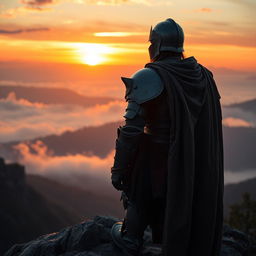 A weary knight stands on a rocky cliff at dawn, gazing toward the horizon where the first light of day breaks, casting a warm golden hue over the landscape
