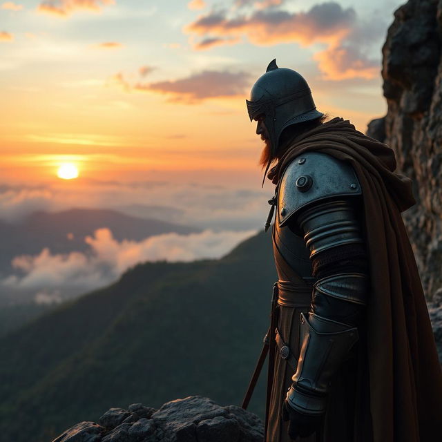 A weary knight stands on a rocky cliff at dawn, gazing toward the horizon where the first light of day breaks, casting a warm golden hue over the landscape