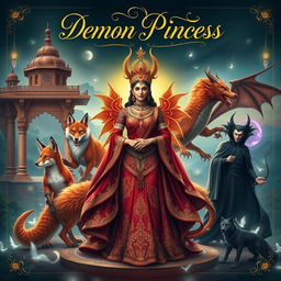A captivating book cover featuring a Demon Princess elegantly posed at the center, surrounded by her five husbands, each representing a unique mythical creature in an Indian Ancient style