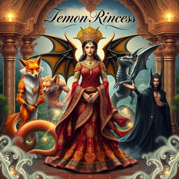 A captivating book cover featuring a Demon Princess elegantly posed at the center, surrounded by her five husbands, each representing a unique mythical creature in an Indian Ancient style