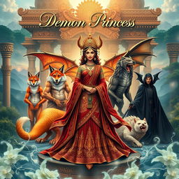 A captivating book cover featuring a Demon Princess elegantly posed at the center, surrounded by her five husbands, each representing a unique mythical creature in an Indian Ancient style