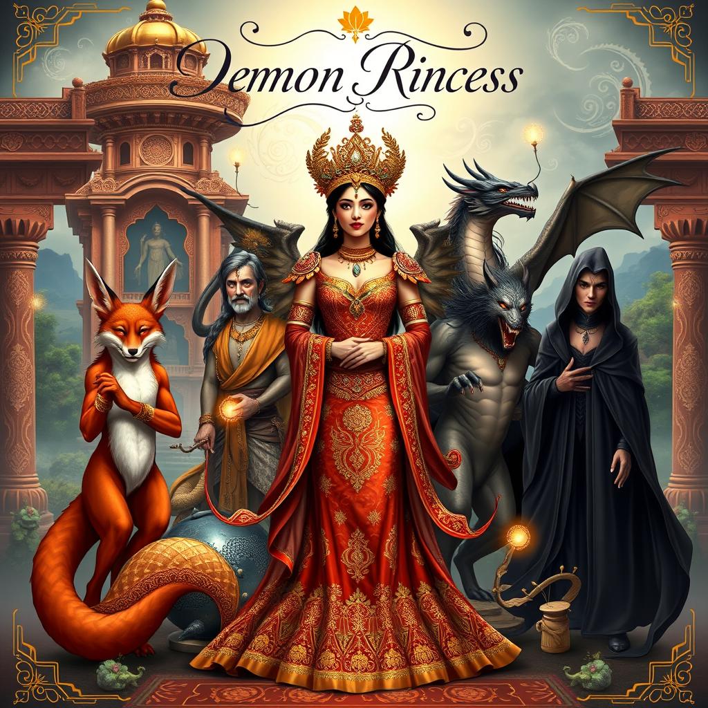 A captivating book cover featuring a Demon Princess elegantly posed at the center, surrounded by her five husbands, each representing a unique mythical creature in an Indian Ancient style