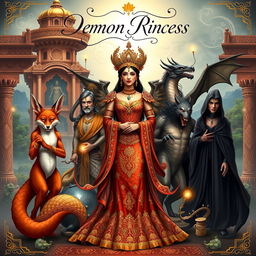 A captivating book cover featuring a Demon Princess elegantly posed at the center, surrounded by her five husbands, each representing a unique mythical creature in an Indian Ancient style