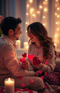 A romantic scene depicting a couple engaged in a playful love game, with soft lighting and a cozy atmosphere