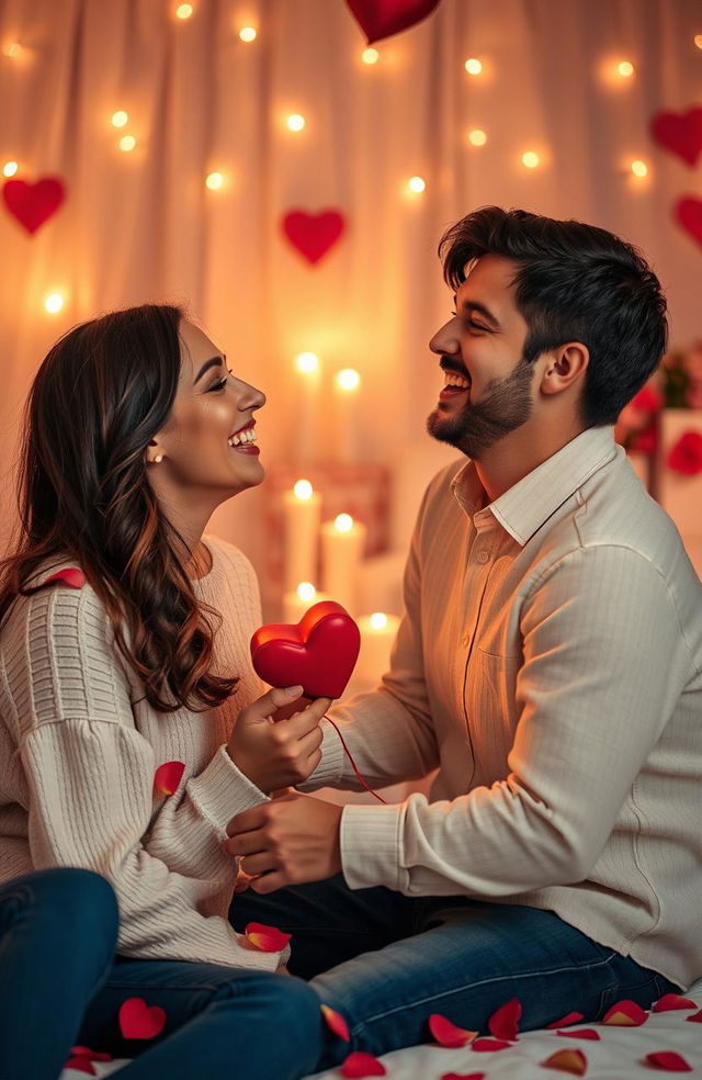 A romantic scene depicting a couple engaged in a playful love game, with soft lighting and a cozy atmosphere