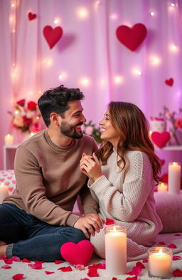 A romantic scene depicting a couple engaged in a playful love game, with soft lighting and a cozy atmosphere