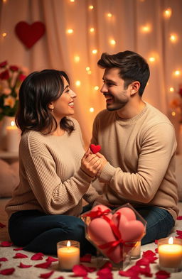 A romantic scene depicting a couple engaged in a playful love game, with soft lighting and a cozy atmosphere