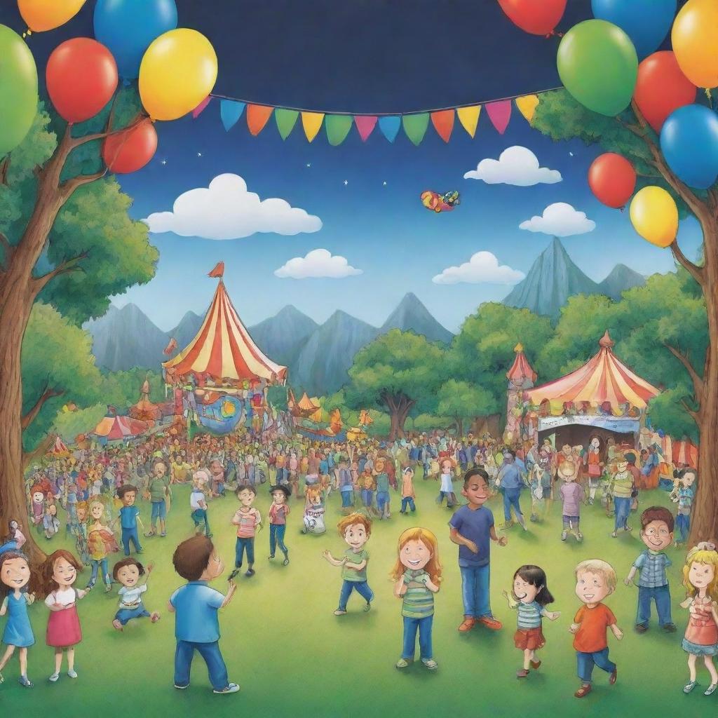 Create a 10x7 feet playful, cartoon-style illustration designed as a captivating backdrop for an event. The design must be suitable for large-scale printing and exude a fun-filled ambiance.