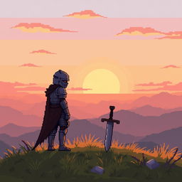 A pixel art scene depicting a tired knight standing atop a hill, gazing towards the dawn breaking on the horizon