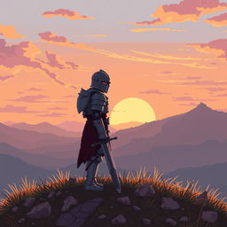 A pixel art scene depicting a tired knight standing atop a hill, gazing towards the dawn breaking on the horizon