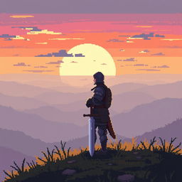 A pixel art scene depicting a tired knight standing atop a hill, gazing towards the dawn breaking on the horizon