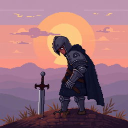 A pixel art scene depicting a tired knight standing atop a hill, gazing towards the dawn breaking on the horizon