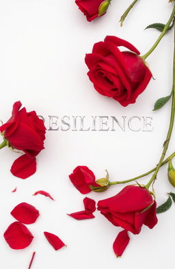An elegant silver inscription of the word 'RESILIENCE' on a white background, surrounded by red roses, some wilting with petals falling to the ground, creating a poignant and beautiful scene