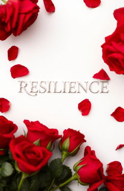 An elegant silver inscription of the word 'RESILIENCE' on a white background, surrounded by red roses, some wilting with petals falling to the ground, creating a poignant and beautiful scene