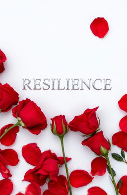 An elegant silver inscription of the word 'RESILIENCE' on a white background, surrounded by red roses, some wilting with petals falling to the ground, creating a poignant and beautiful scene