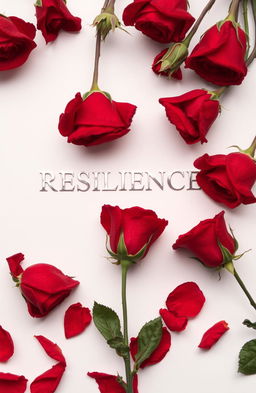 An elegant silver inscription of the word 'RESILIENCE' on a white background, surrounded by red roses, some wilting with petals falling to the ground, creating a poignant and beautiful scene