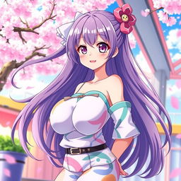 An attractive anime girl with large breasts, wearing a stylish and vibrant outfit