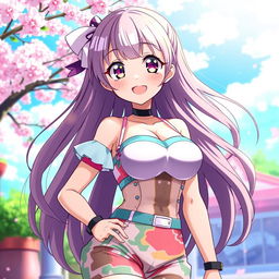 An attractive anime girl with large breasts, wearing a stylish and vibrant outfit