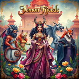 A breathtaking storybook cover featuring a Demon Princess at the center, surrounded by her five husbands, each representing a unique mythical creature, all depicted in a stunning Indian Ancient style