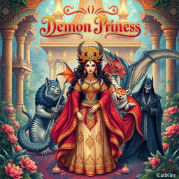 A breathtaking storybook cover featuring a Demon Princess at the center, surrounded by her five husbands, each representing a unique mythical creature, all depicted in a stunning Indian Ancient style