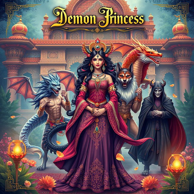 A breathtaking storybook cover featuring a Demon Princess at the center, surrounded by her five husbands, each representing a unique mythical creature, all depicted in a stunning Indian Ancient style