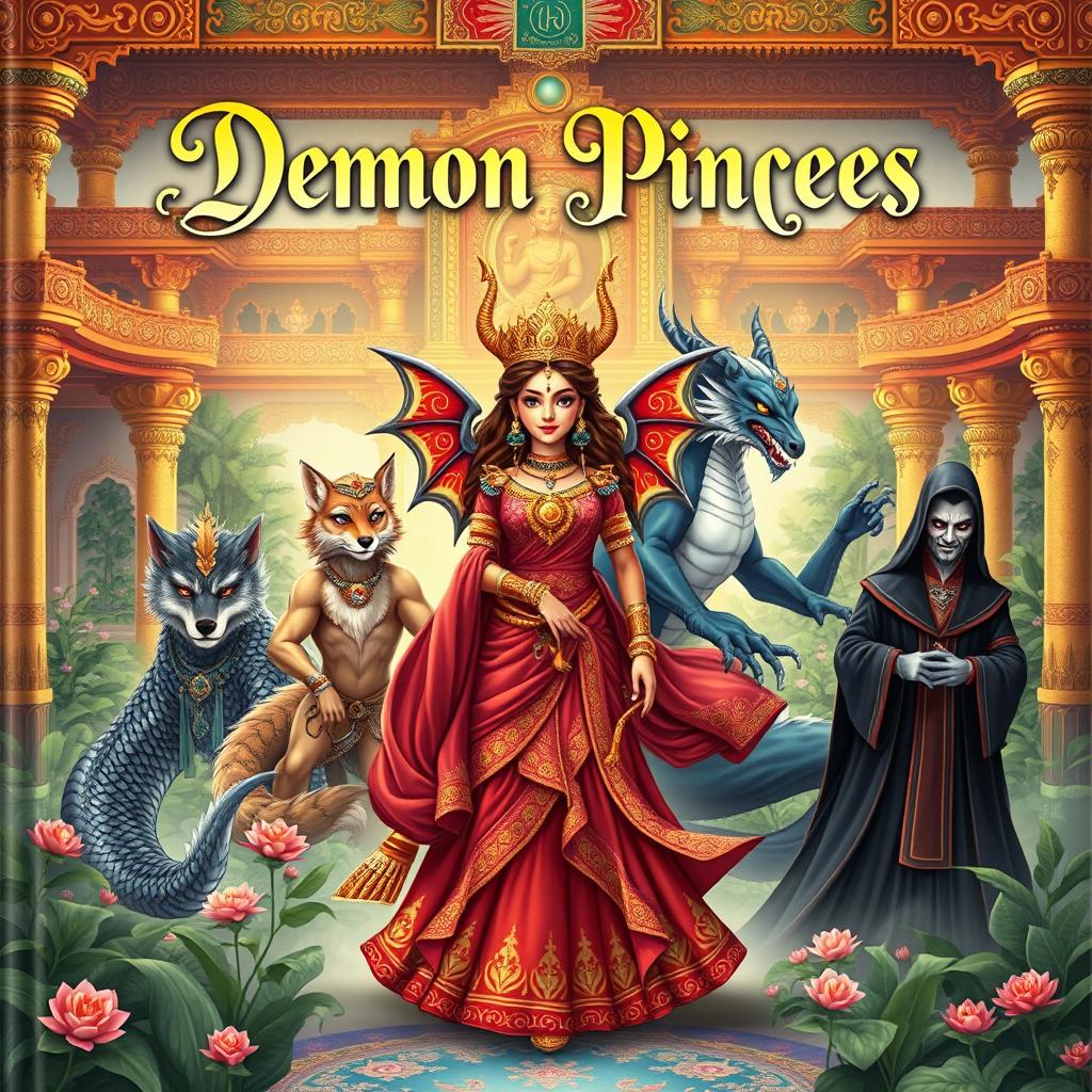 A breathtaking storybook cover featuring a Demon Princess at the center, surrounded by her five husbands, each representing a unique mythical creature, all depicted in a stunning Indian Ancient style