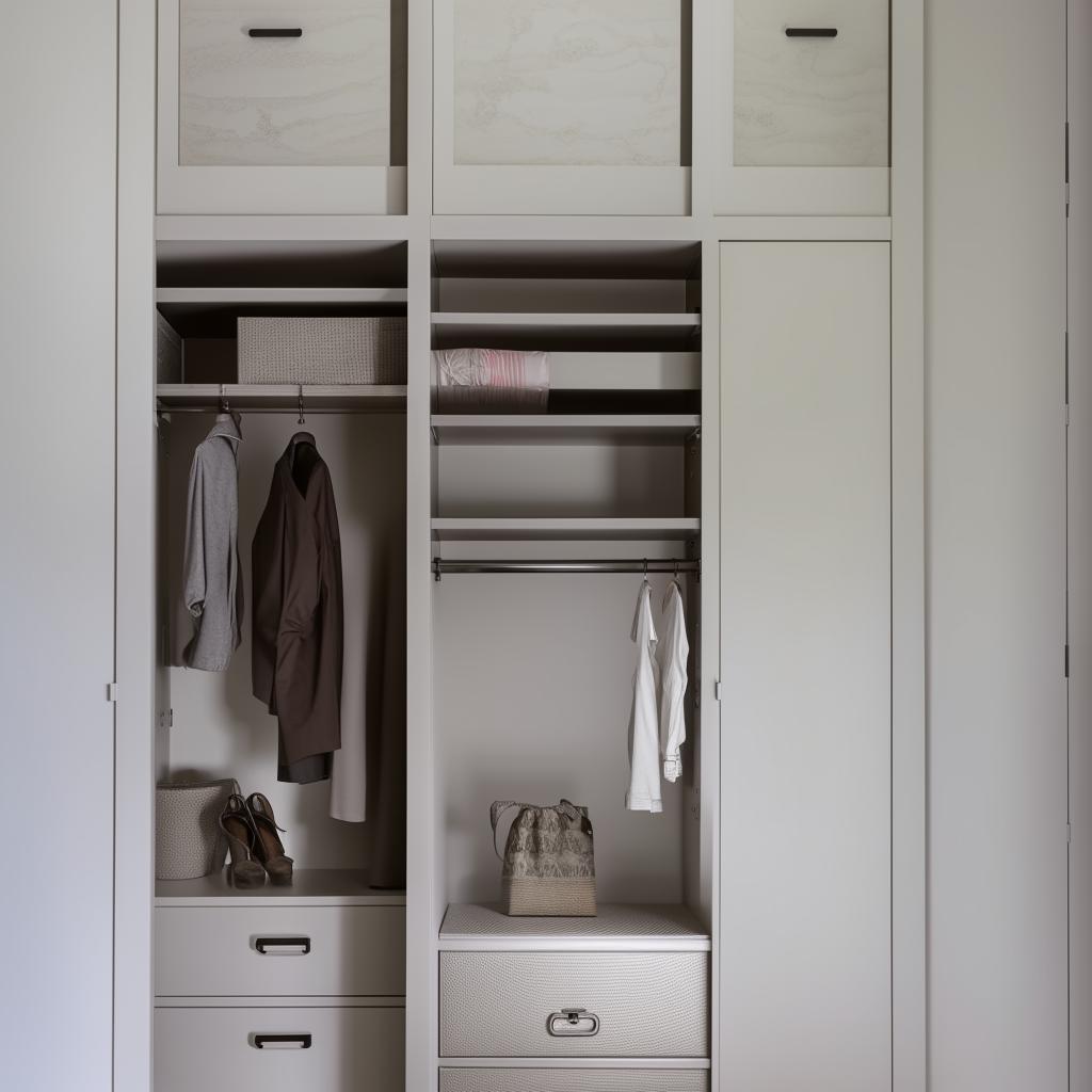 An L-shaped his and her closet with the woman's side at 8ft long, the man's side at 4ft wide, and an 8ft ceiling. Opposite the woman's side is a chest of drawers standing at 4ft high.