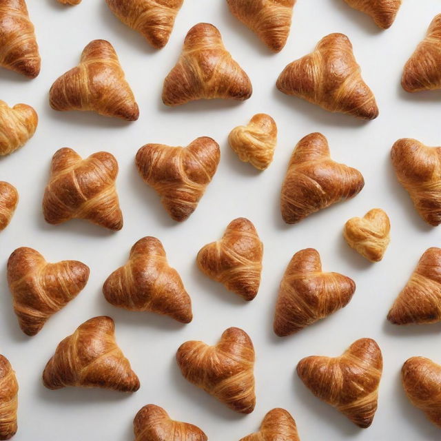 Golden croissants neatly arranged to form a heart shape, set against a stark white background.