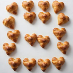 Golden croissants neatly arranged to form a heart shape, set against a stark white background.