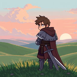 A tired knight, wearing weathered armor, gazes at a beautiful dawn with soft pastel colors illuminating the sky