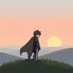 A tired knight, wearing weathered armor, gazes at a beautiful dawn with soft pastel colors illuminating the sky