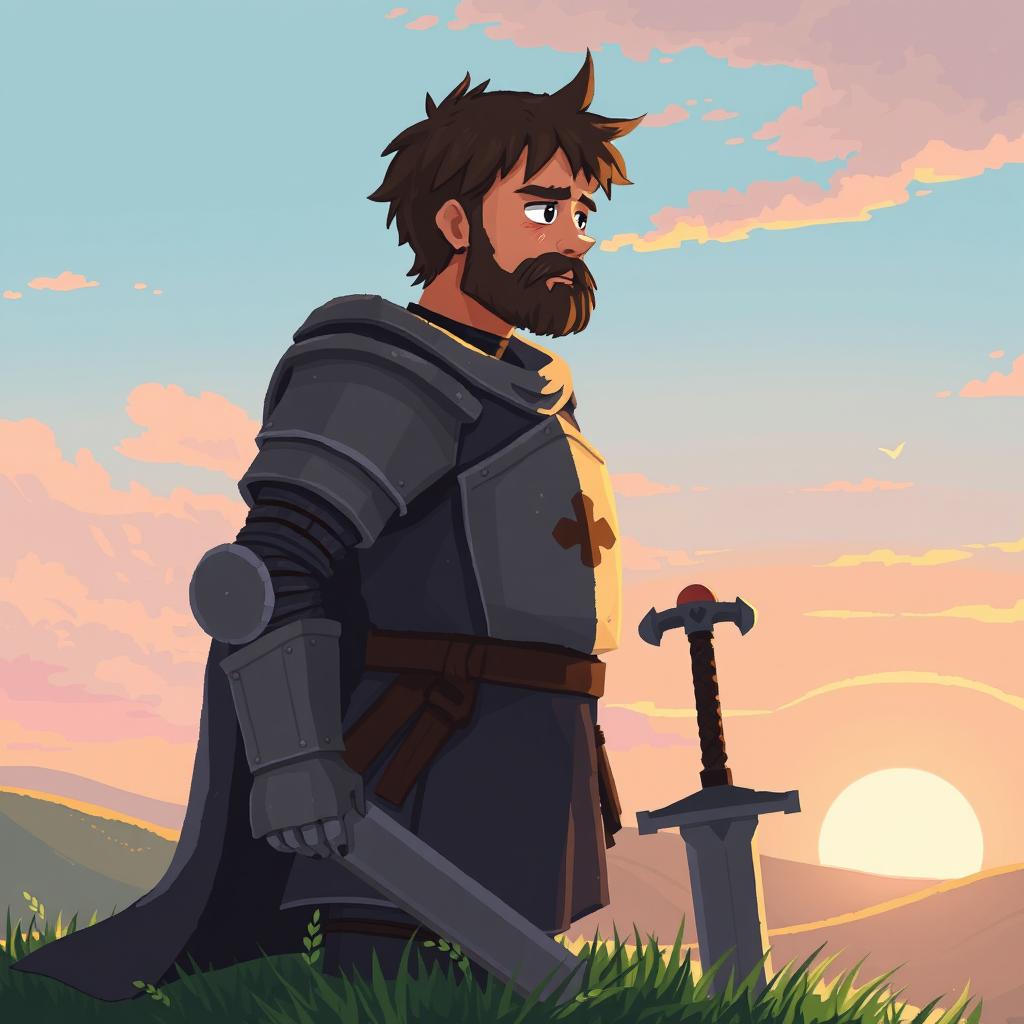 A tired knight, wearing weathered armor, gazes at a beautiful dawn with soft pastel colors illuminating the sky