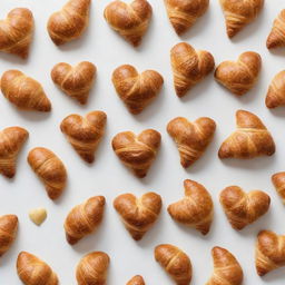 Golden croissants neatly arranged to form a heart shape, set against a stark white background.