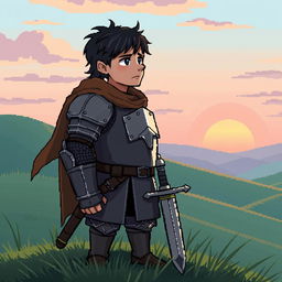 A tired knight, wearing weathered armor, gazes at a beautiful dawn with soft pastel colors illuminating the sky