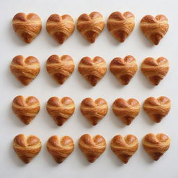 Golden croissants neatly arranged to form a heart shape, set against a stark white background.