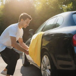 A young man washing his shiny car with a vibrant yellow microfiber cloth, careful attention given to each detail. Bright sun shines on him, highlighting the meticulous care.