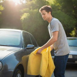 A young man washing his shiny car with a vibrant yellow microfiber cloth, careful attention given to each detail. Bright sun shines on him, highlighting the meticulous care.