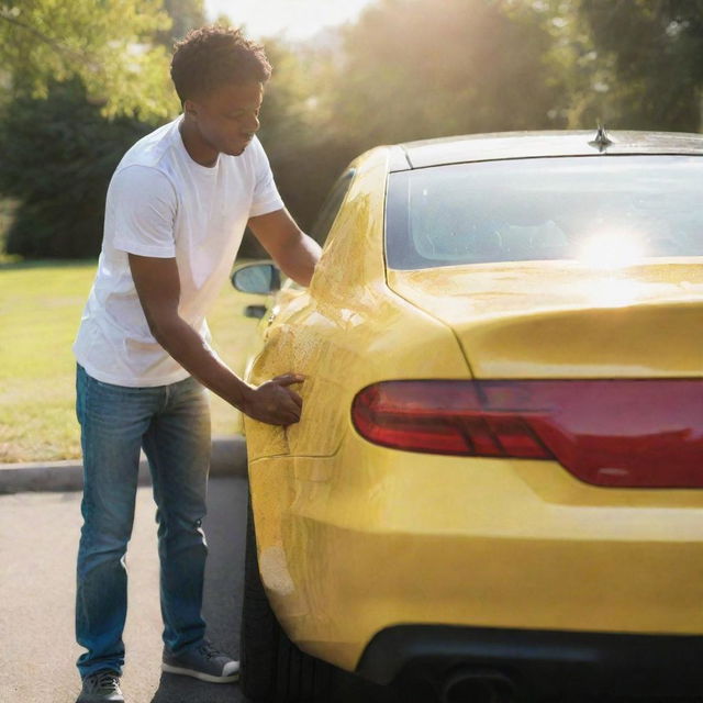 A young man washing his shiny car with a vibrant yellow microfiber cloth, careful attention given to each detail. Bright sun shines on him, highlighting the meticulous care.