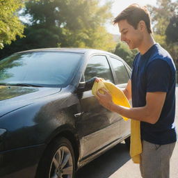 A young man washing his shiny car with a vibrant yellow microfiber cloth, careful attention given to each detail. Bright sun shines on him, highlighting the meticulous care.