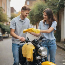 A young couple smiling and working together to clean their gleaming motorbike with a bright yellow microfiber cloth. The scene is full of warmth and camaraderie.