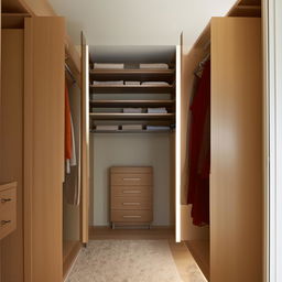 An L-shaped his and her closet with the woman's side at 8ft long, the man's side at 4ft wide, and an 8ft ceiling. Opposite the woman's side is a chest of drawers standing at 4ft high.